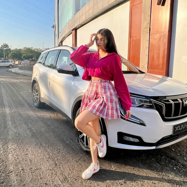 Hot Pink Cropped Hoodie with Plaid Pleated Mini Skirt