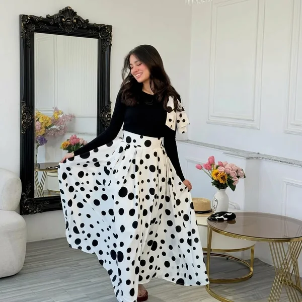 Polka Dot Maxi Skirt and Bow-Detail Top