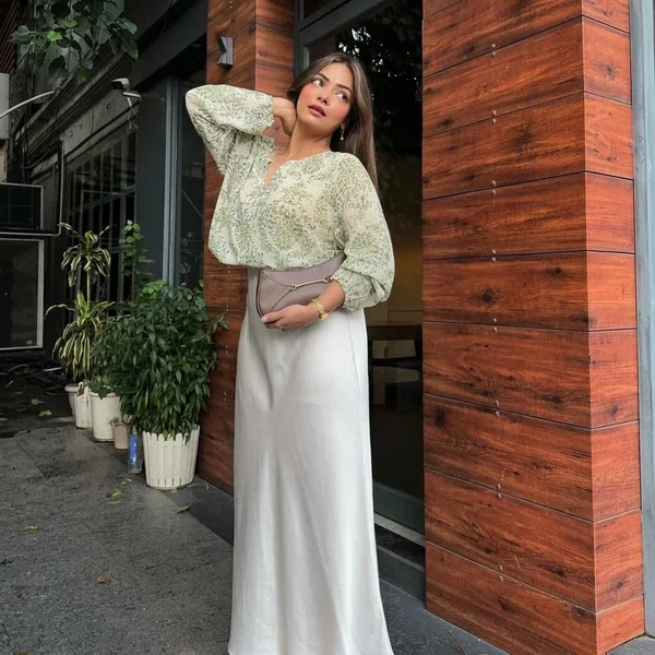 White Satin Maxi Skirt with Floral Chiffon Blouse