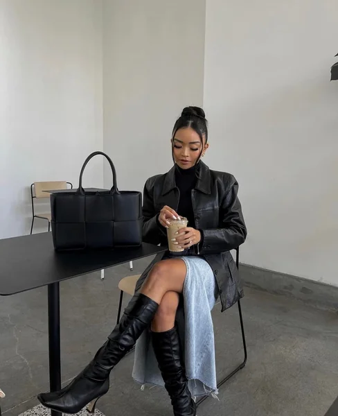 Leather Blazer and Split-Front Denim Maxi