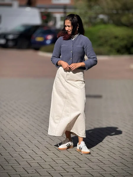 Textured Knit Cardigan and Cream Denim Maxi