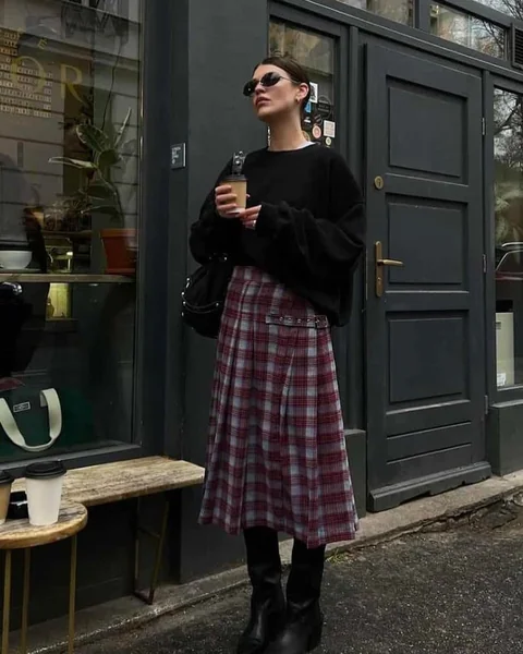 Burgundy Plaid Midi Skirt Look