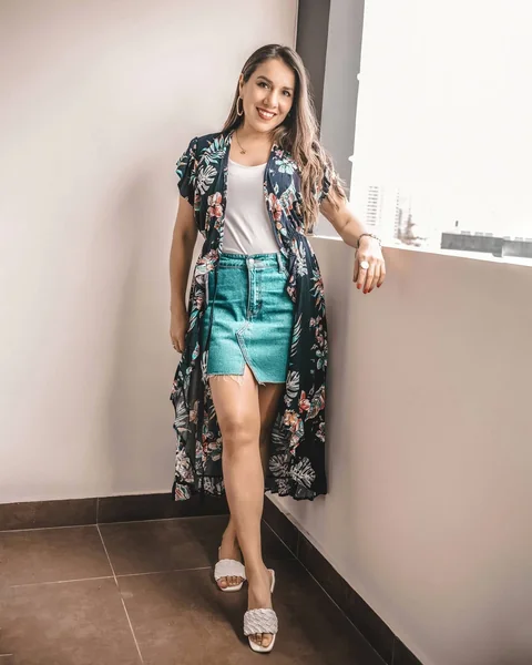 Floral Kimono and Raw-Hem Denim Mini