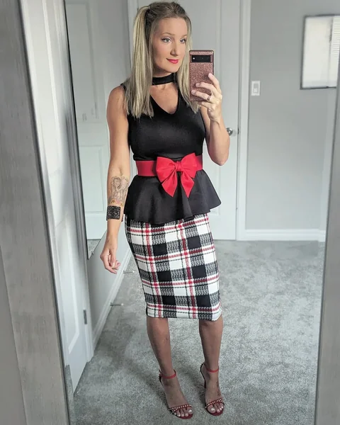 Plaid Pencil Skirt with Statement Bow