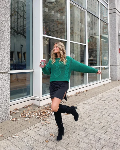 Black Mini Skirt with Emerald Knit Sweater