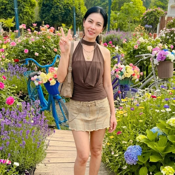 Brown Halter Top and Beige Denim Mini Skirt