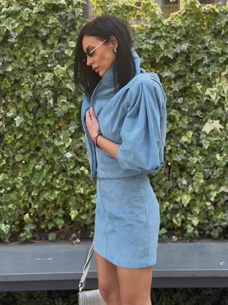 Blue Suede Mini Skirt Set