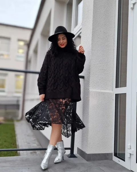 Black Lace Skirt with Chunky Sweater