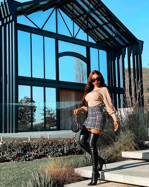 Tweed Mini Skirt and Thigh-High Leather Boots