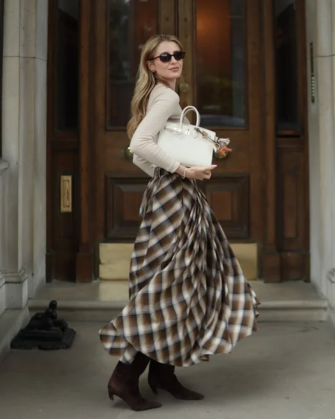 Brown Plaid Midi Skirt Outfit