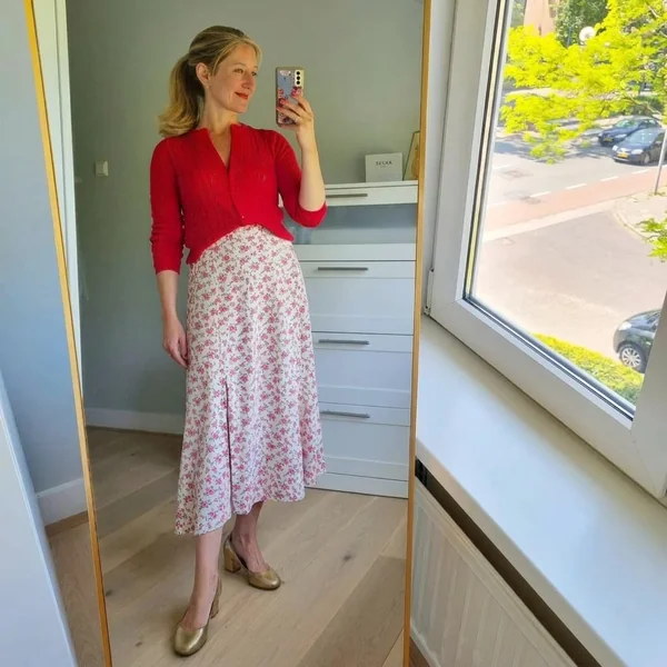 Floral A-Line Midi Skirt with Red Cardigan