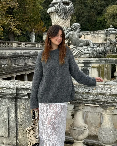 White Lace Skirt with Grey Knit Sweater
