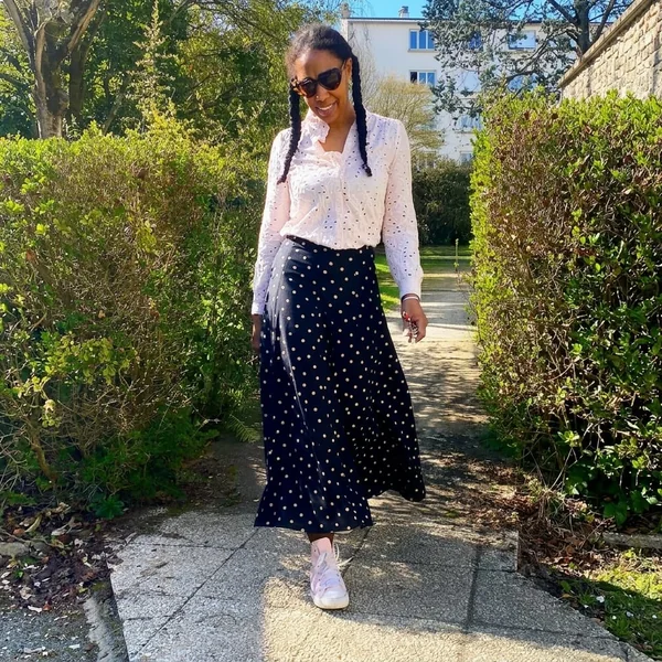 Polka Dot Midi Skirt and Eyelet Blouse