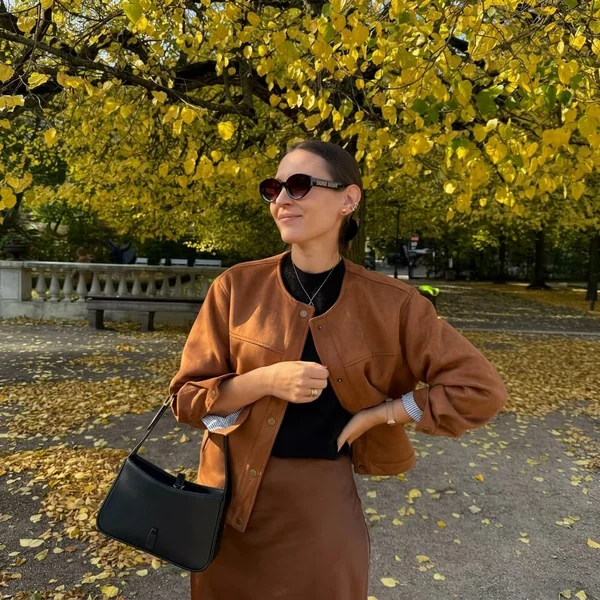 Brown Satin Skirt with Suede Bomber Jacket
