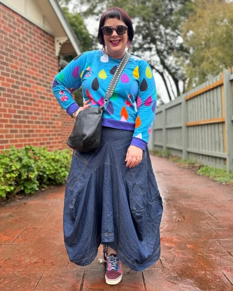 Bold Graphic Knit and Balloon Denim Maxi