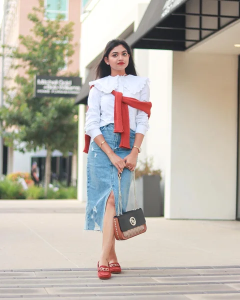 Statement Collar and Distressed Denim Midi