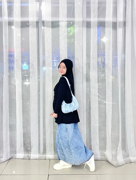 Modest Black Knit and A-Line Denim Maxi