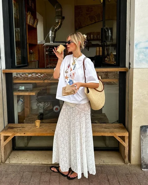 White Lace Skirt with Graphic Tee