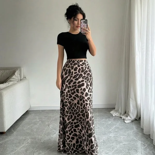 Leopard Print Satin Maxi Skirt and Fitted Crop Top