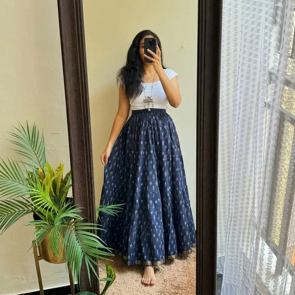 Navy Blue Ikat Print Maxi Skirt with White Cap-Sleeve Top