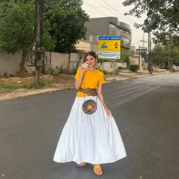 Mustard Yellow Tee with Tiered White Cotton Maxi Skirt