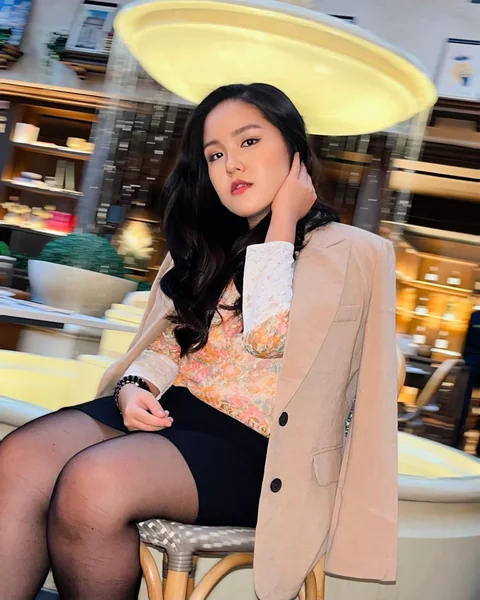 Beige Blazer with Black Mini Skirt