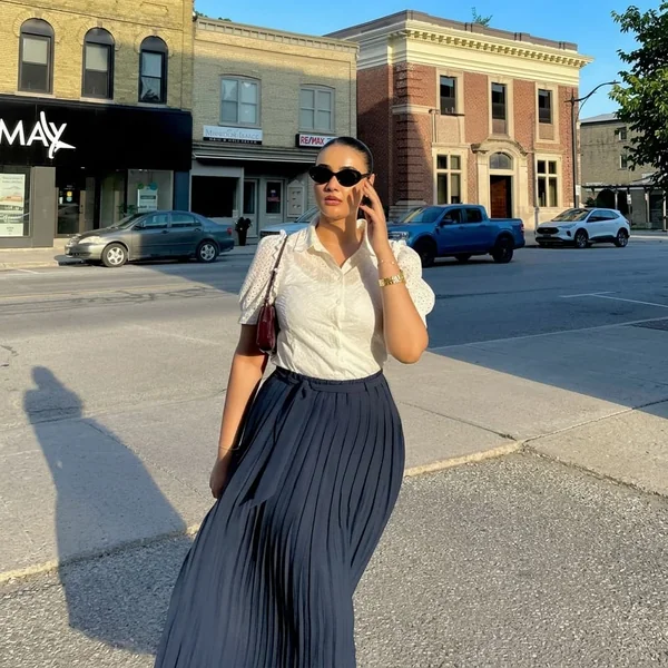 Navy Pleated Maxi Skirt and Eyelet Lace Blouse