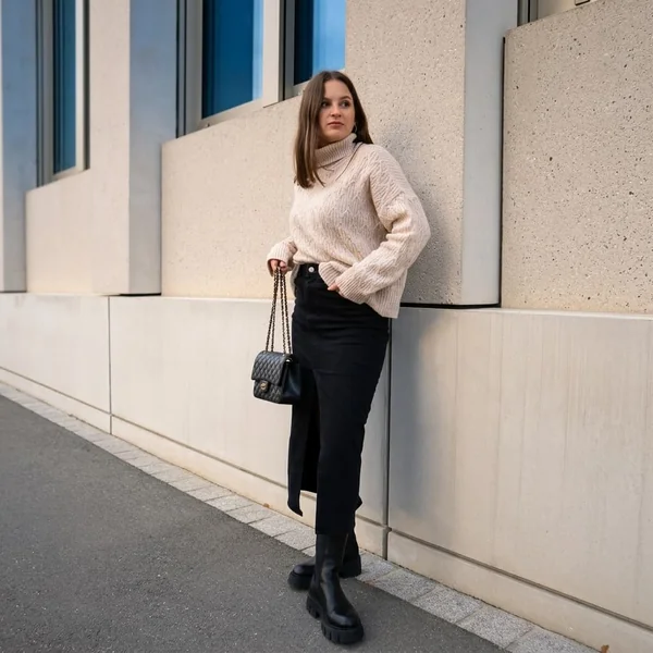 Cozy Cable Knit and Denim Slit Midi
