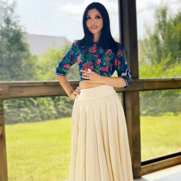 Off-White Flared Maxi Skirt with Kalamkari Print Crop Top