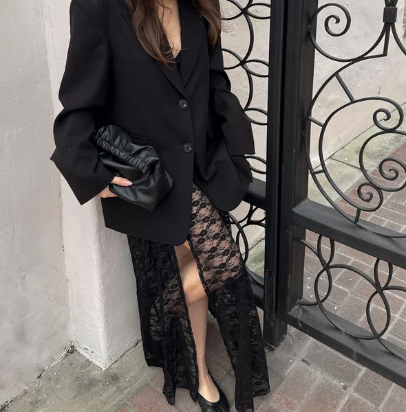 Black Lace Skirt with Oversized Blazer