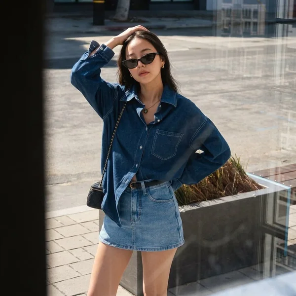 Dark Denim Shirt With Light Mini Skirt
