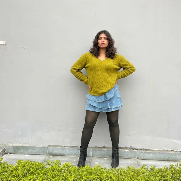 Cable-Knit Sweater and Tiered Ruffle Denim Skirt