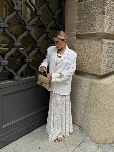 White Lace Skirt with Textured Jacket