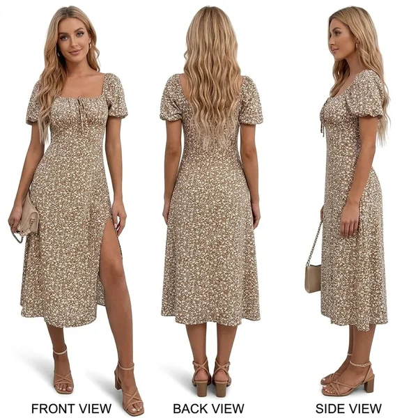 Floral Puff Sleeve Midi Dress