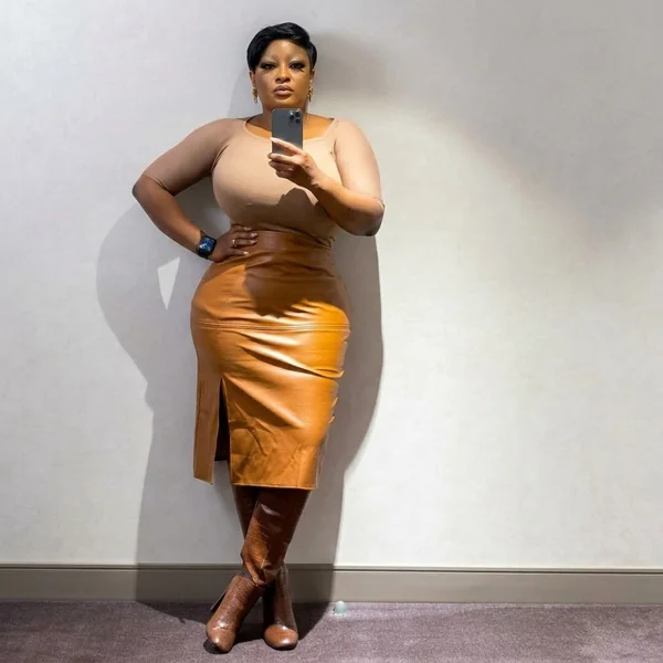 Caramel Faux-Leather Pencil Skirt with Sculpted Tee