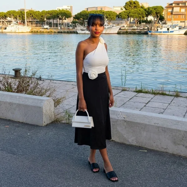 One-Shoulder Top and Satin Midi Skirt