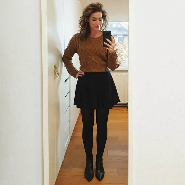 Cable-Knit Sweater and Flared Mini Skirt