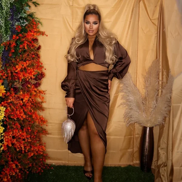 Coordinated Brown Satin Wrap Skirt