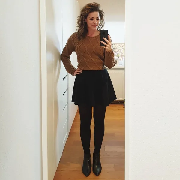 Cable Knit Sweater with Black Skater Skirt