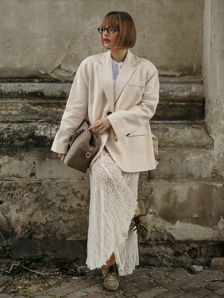 Cream Lace Skirt with Oversized Blazer