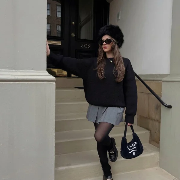 Pleated Gray Mini Skirt with Oversized Black Knit and Faux-Fur Accents