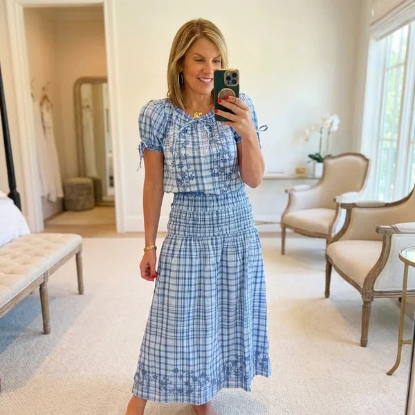 Pastel Blue Plaid Smocked Midi Skirt Set