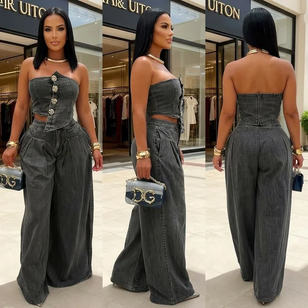 Strapless Wide-Leg Denim Set