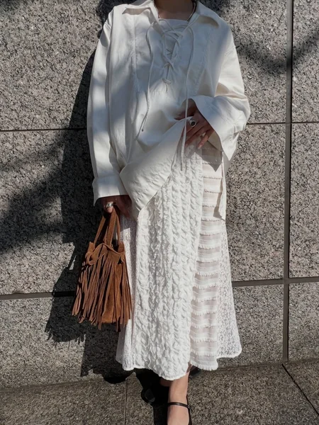 White Lace Skirt with Lace-Up Shirt