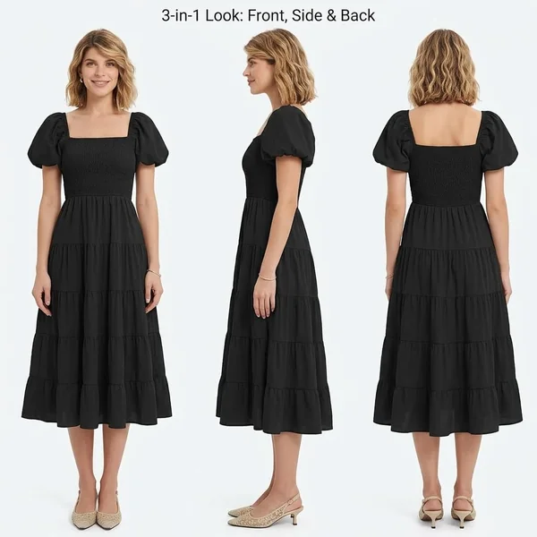 Square Neck Puff Sleeve Midi