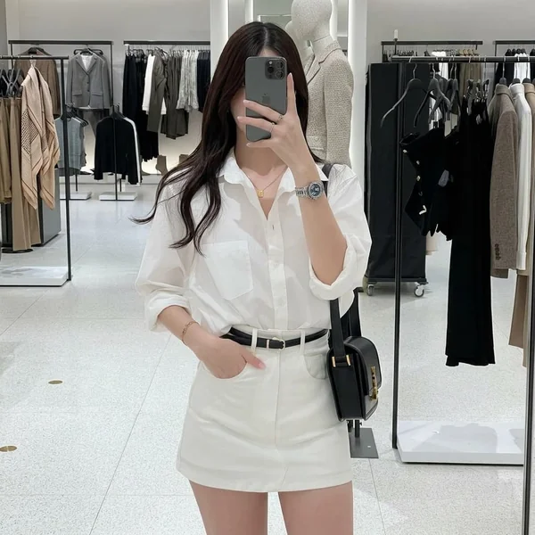 White Button-Down Shirt and White Denim Mini Skirt