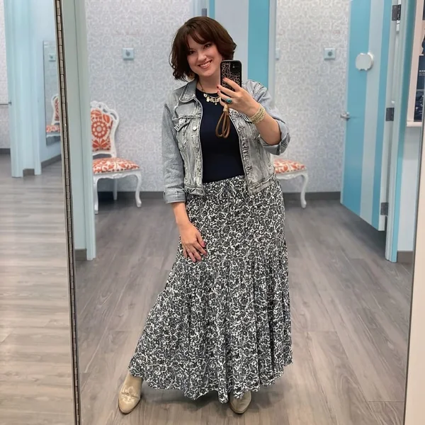 Tiered Floral Maxi Skirt with Denim Jacket
