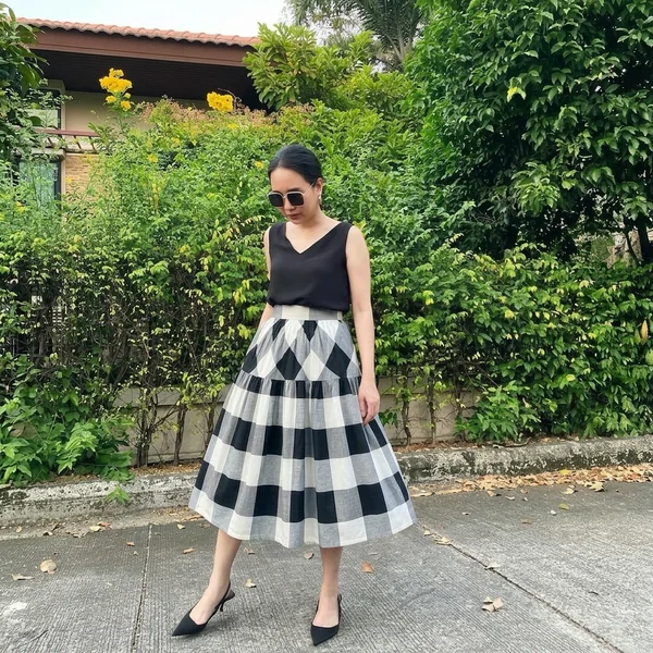 Classic Black and White Checkered Midi Skirt