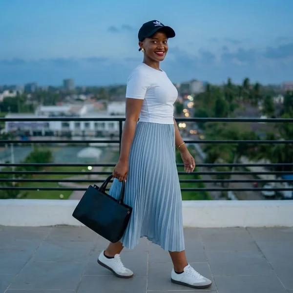 Pastel Blue Pleated Midi with Sporty Accents