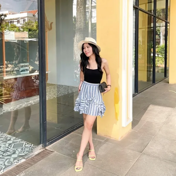 Ruffled Blue Striped Skirt with Black Cami